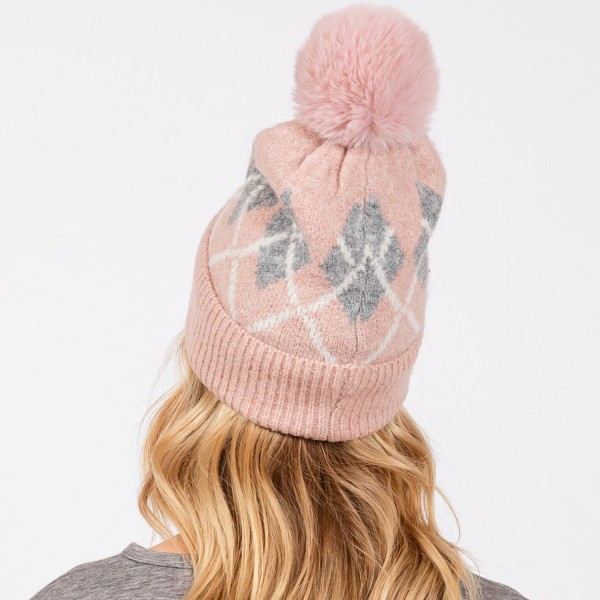 Argyle Pattern Cuffed Beanie With Faux Fur Pom - Lined Inside - One Size Fits Most - 90% Acrylic / 10% Wool view 5