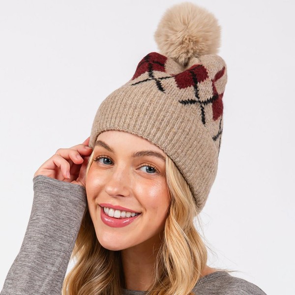Wholesale argyle Pattern Cuffed Beanie Faux Fur Pom Lined Inside One Fits Most A