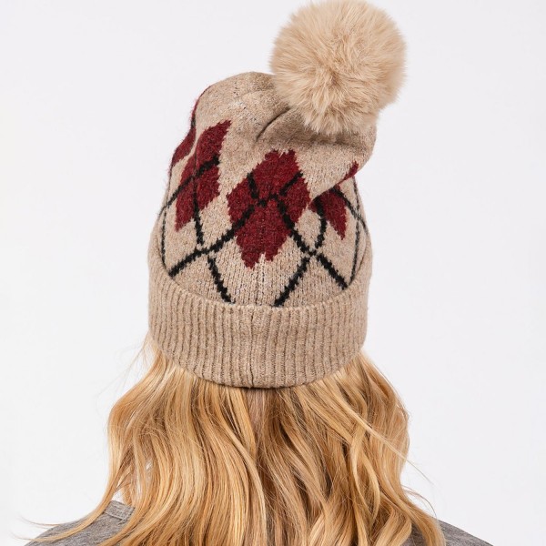 Argyle Pattern Cuffed Beanie With Faux Fur Pom - Lined Inside - One Size Fits Most - 90% Acrylic / 10% Wool view 5