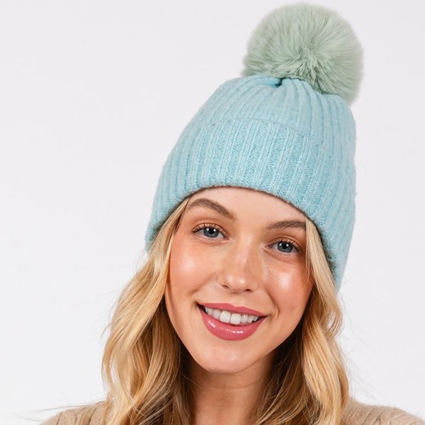 Wholesale cuffed Knit Beanie Faux Fur Pom One Fits All Polyester