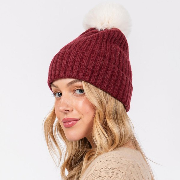 Cuffed Knit Beanie With Faux Fur Pom - One Size Fits All - 100% Polyester view 5