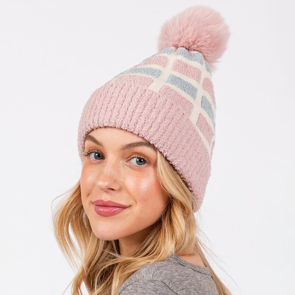 Cuffed Knit Beanie With Sherpa Block Details & Faux Fur Pom - One Size Fits All - 100% Polyester view 5