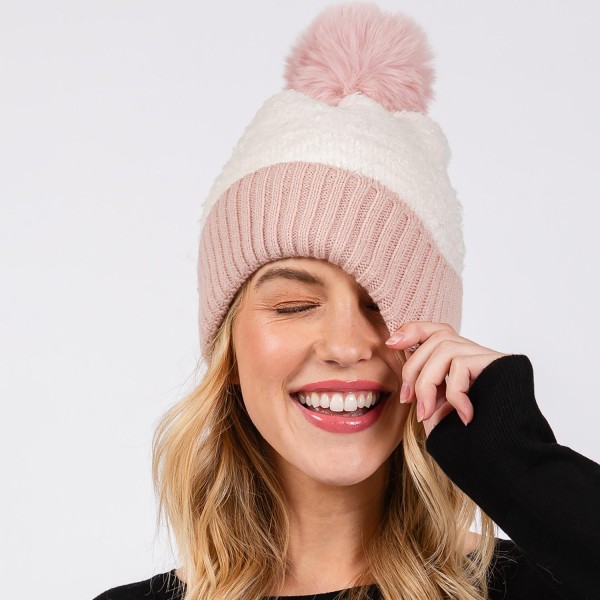 Cuffed Sherpa Beanie With Faux Fur Pom - One Size Fits All - 100% Polyester view 5