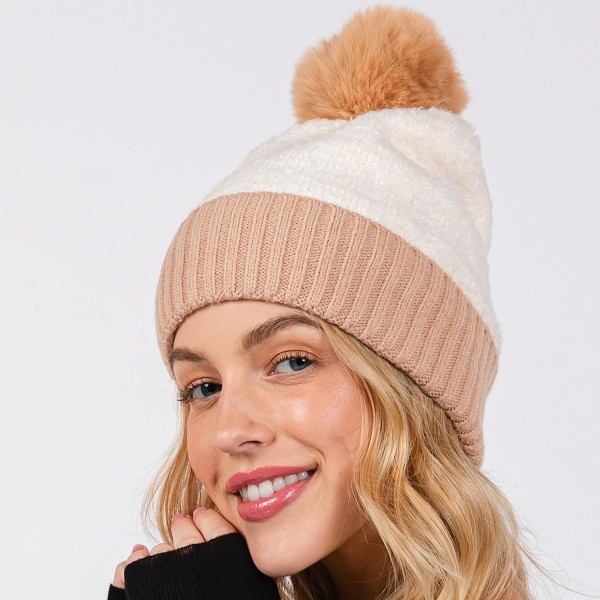 Cuffed Sherpa Beanie With Faux Fur Pom - One Size Fits All - 100% Polyester view 5