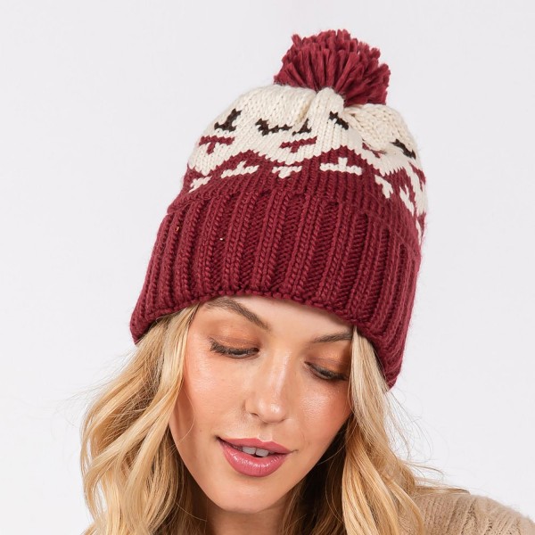 Jacquard Knit Cuff Beanie With Yarn Pom - One Size Fits Most - 100% Acrylic view 5