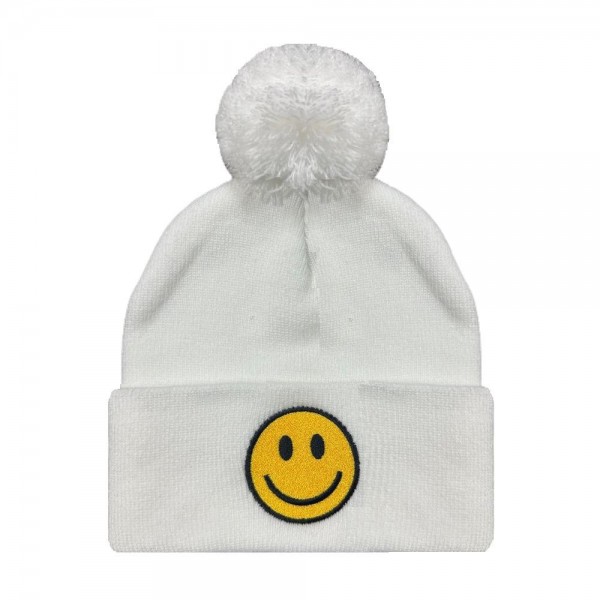 Wholesale happy Embroidered Knit Beanie Yarn Pom One Fits Most Acrylic