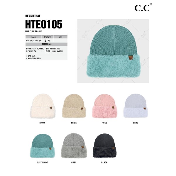 C.C HTE0105
Knit Faux Fur Cuff Beanie
- One Size Fits Most
- Body: 52% Acrylic / 27% Polyester / 21 % Nylon
- Cuff: 100% Nylon