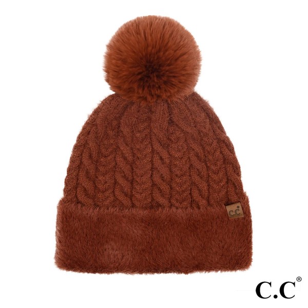 Wholesale c C HTE Cable Knit Fur Cuff Pom Beanie One Fits Most Acrylic Polyester