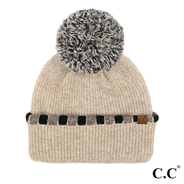 Wholesale c C HTE Neutral Horizontal Stripe Cuffed Pom Beanie Polyester Acrylic