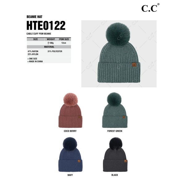 C.C HTE0122
Cable Cuff Pom Beanie
- One Size Fits Most
- 47% Rayon / 31% Polyester / 22% Nylon