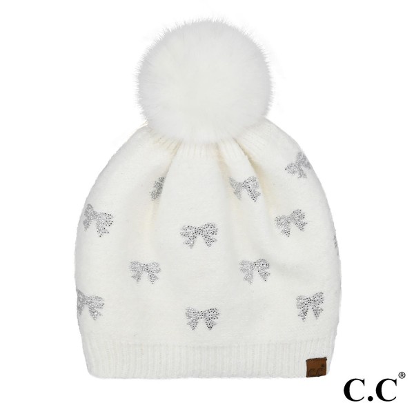 Wholesale c C HTE Allover Rhinestone Mini Bow Pom Beanie One Fits Most Lined Ins