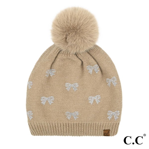Wholesale c C HTE Allover Rhinestone Mini Bow Pom Beanie One Fits Most Lined Ins