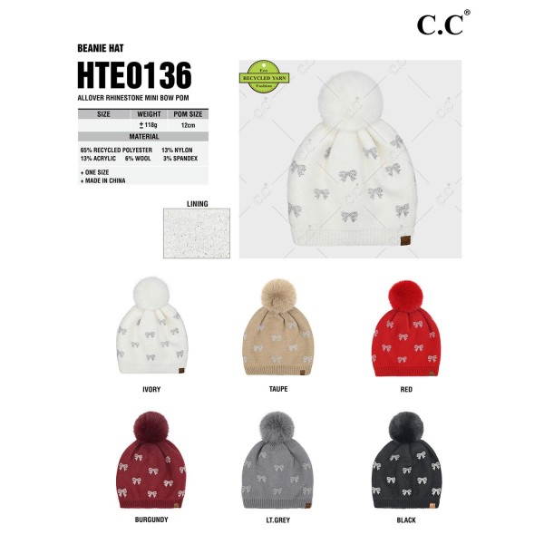 C.C HTE0136
Allover Rhinestone Mini Bow Pom Beanie
- One Size Fits Most
- Lined Inside 
- 65% Recycled Polyester / 13% Nylon / 13% Acrylic / 6% Wool / 3% Spandex
- 100% Faux Fur Pom