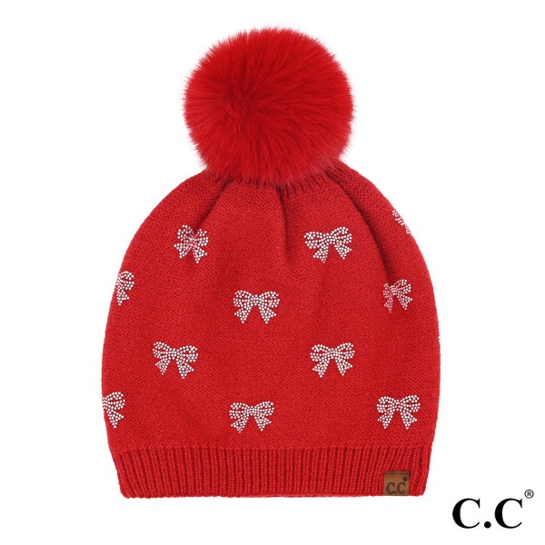 Wholesale c C HTE Allover Rhinestone Mini Bow Pom Beanie One Fits Most Lined Ins