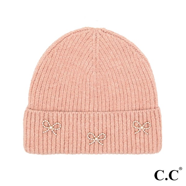 C.C HTE0148
Pearl Bow Charm Cuff Beanie 

- One Size Fits Most
- 65% Recycled Polyester / 13% Nylon / 13% Acrylic / 6% Wool / 3% Spandex
