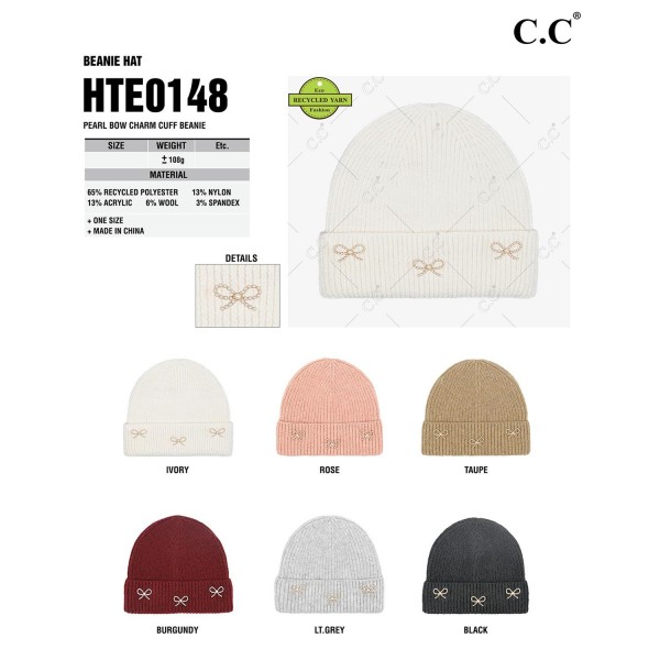 C.C HTE0148
Pearl Bow Charm Cuff Beanie 
- One Size Fits Most
- 65% Recycled Polyester / 13% Nylon / 13% Acrylic / 6% Wool / 3% Spandex