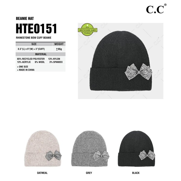 C.C HTE0151
Rhinestone Bow Cuff Beanie 
- One Size Fits Most
- 65% Recycled Polyester / 13% Nylon / 13% Acrylic / 6% Wool / 3% Spandex