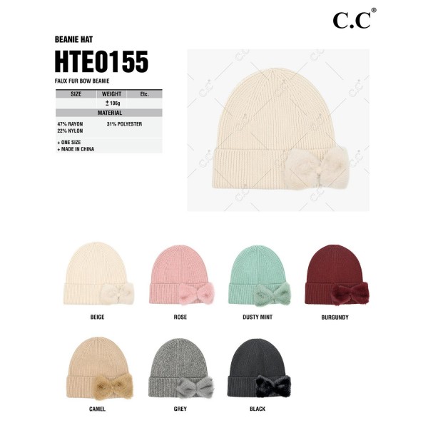 C.C HTE0155
Faux Fur Bow Beanie
- 47% Rayon / 31% Polyester / 22% Nylon 
- One Size Fits Most