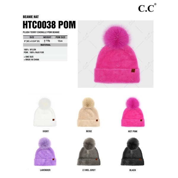 C.C HTC0038
Plush Terry Chenille Pom Beanie 
- 100% Nylon
- One Size Fits Most