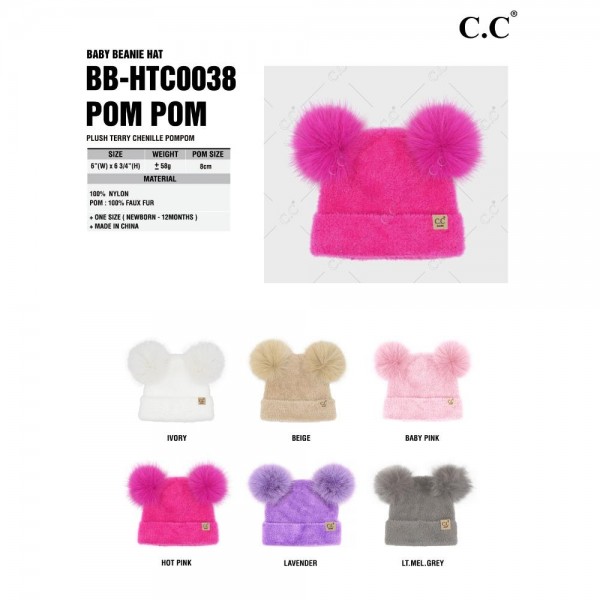 C.C BB-HTC0038
Plush Terry Chenille Pom Pom Beanie 
- 100% Nylon
- Pom 100% Faux Fur
- One Size Fits Most