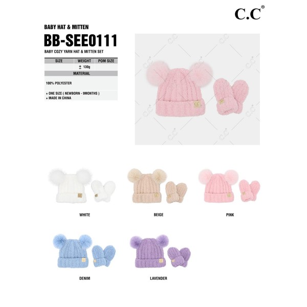 C.C BB-SEE0111
Baby Cozy Yarn Hat & Mitten Set
- One Size Fits Most
- 100% Polyester