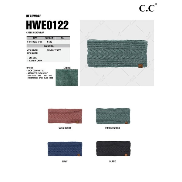C.C HWE0122
Cable Headwrap
- One Size Fits Most
- 47% Rayon / 31% Polyester / 22% Nylon
