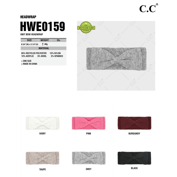 C.C HWE0159
Knit Bow Headwrap 
- One Size Fits Most 
- 65% Recycled Polyester / 13% Nylon / 13% Acrylic / 6% Wool / 3% Spandex
