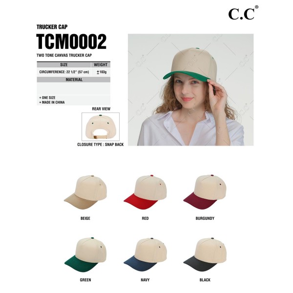 C.C TCM0002
Two Tone Canvas Trucker Cap
- Snap Back Closure
- One Size Fits Most
- 100% Cotton