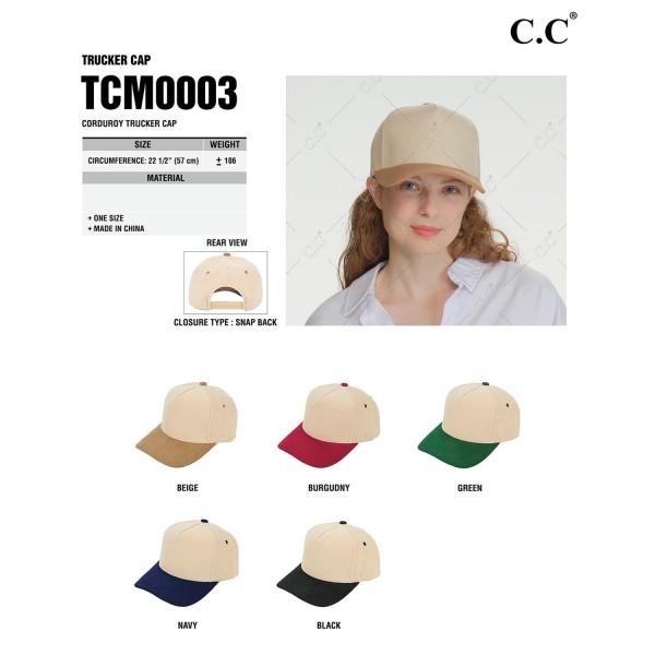 C.C TCM0003
Corduroy Snap Back Cap
- One Size Fits Most
- 80% Polyester / 20% Cotton