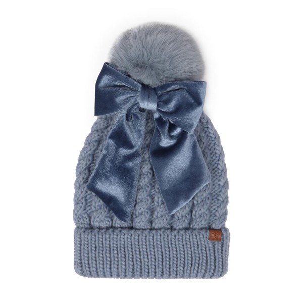 Wholesale cable Knit Pom Cuffed Beanie Removable Bow Scrunchy One Fits Most Fuzz