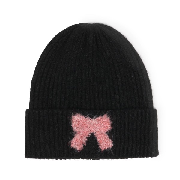 Wholesale fuzzy Bow Rib Stitch Knit Cuffed Beanie One Fits Most Polyester Elasti
