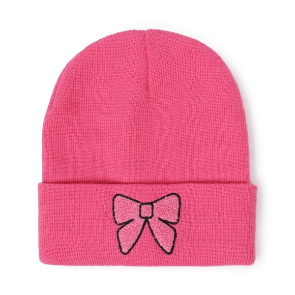 Bow Chenille Patch Knit Cuffed Beanie 

- One Size Fits Most 
- 100% Acrylic