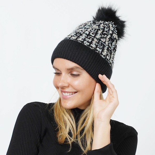 Wholesale plaid Lurex Knit Tinsel Beanie Faux Fur Pom One Fits Most Polyester