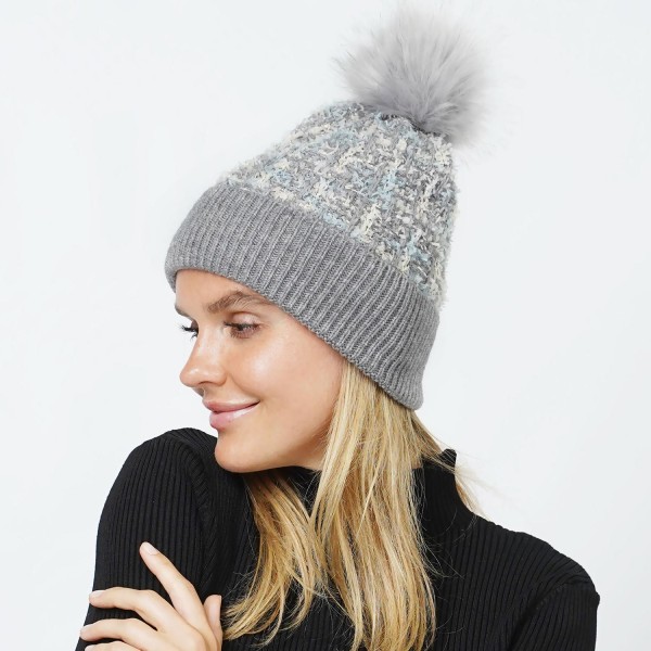 Wholesale plaid Lurex Knit Tinsel Beanie Faux Fur Pom One Fits Most Polyester
