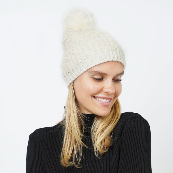 Wholesale lurex Knit Tinsel Beanie Faux Fur Pom One Fits Most Polyester