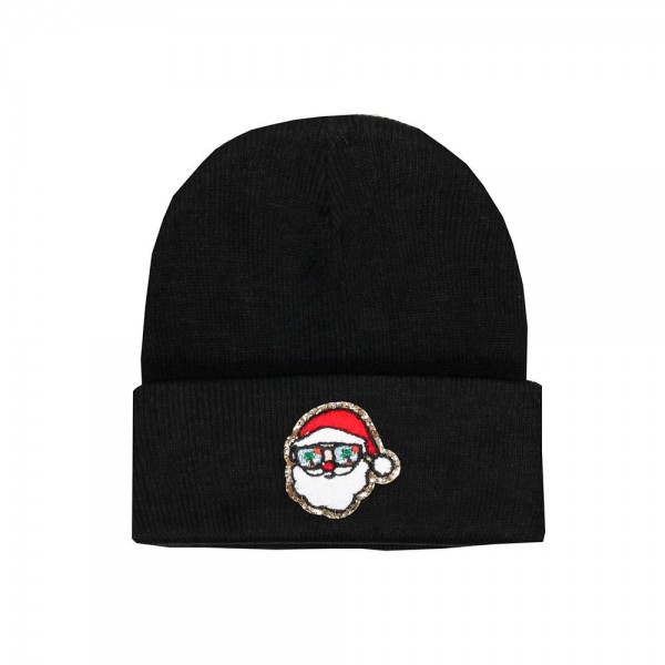 Wholesale tropical Santa Glitter Chenille Patch Knit Cuffed Beanie One Fits Most