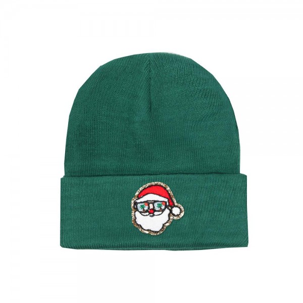 Wholesale tropical Santa Glitter Chenille Patch Knit Cuffed Beanie One Fits Most