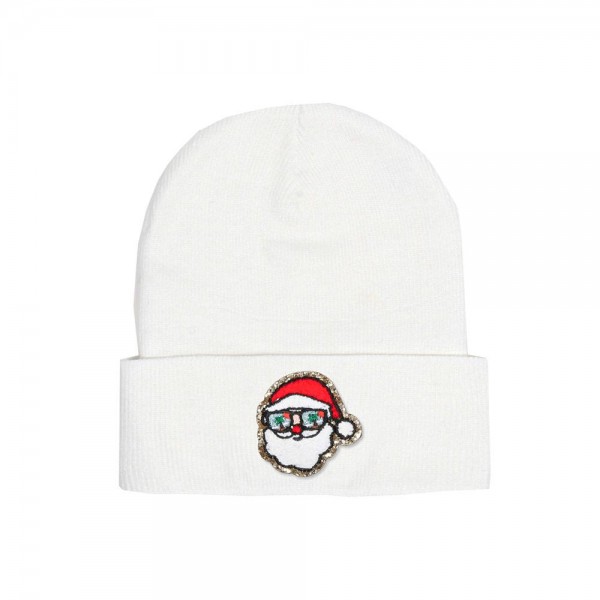 Wholesale tropical Santa Glitter Chenille Patch Knit Cuffed Beanie One Fits Most