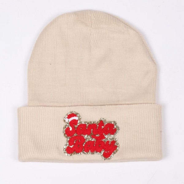 Wholesale santa Baby Glitter Chenille Patch Knit Cuffed Beanie One Fits Most Ac