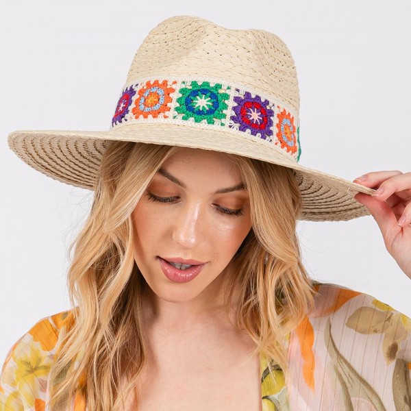 Wholesale braided Straw Panama Hat Granny Square Crochet Band One Fits Most Brim