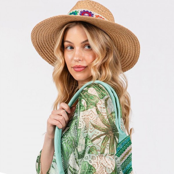 Wholesale braided Straw Panama Hat Granny Square Crochet Band One Fits Most Brim