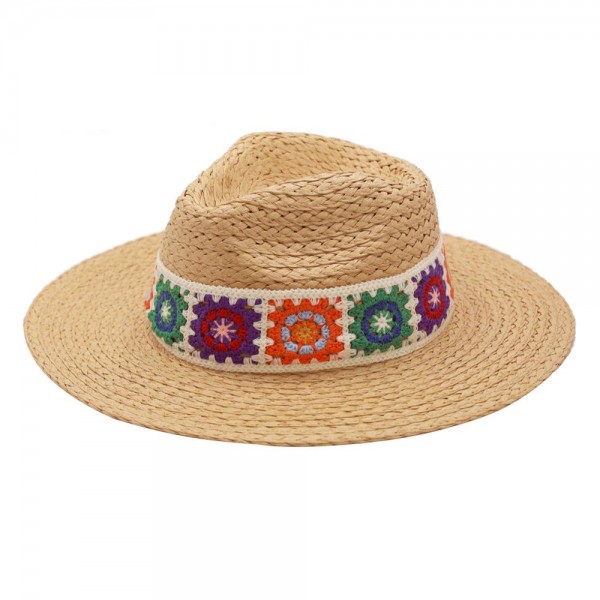 Braided Straw Panama Hat Featuring Granny Square Crochet Band - One Size Fits Most - Brim 3.5" L - 100% Paper view 5