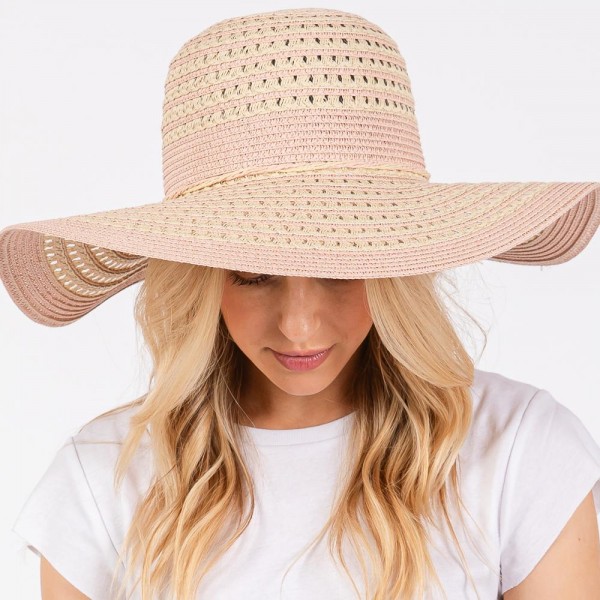 Two Tone Straw Sun Hat With Stripe And Straw Bow Detail - One Size Fits Most - Adjustable Drawstring - 100% Paper Straw view 5