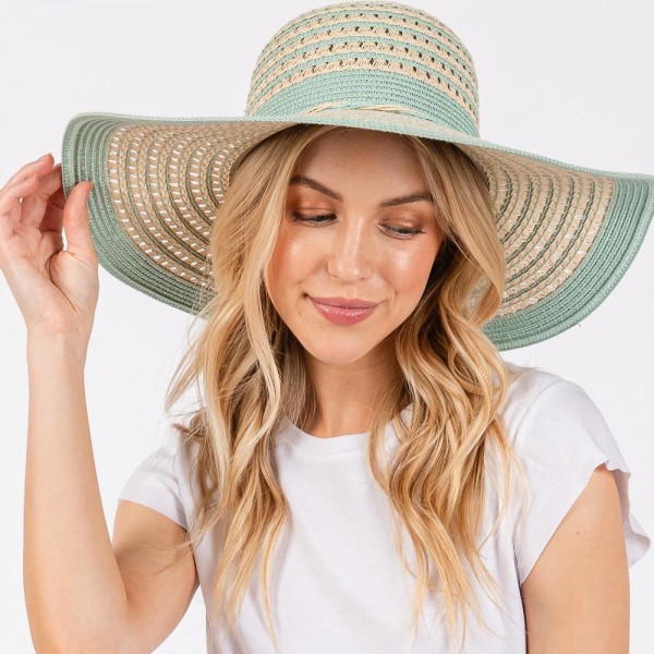 Two Tone Straw Sun Hat With Stripe And Straw Bow Detail - One Size Fits Most - Adjustable Drawstring - 100% Paper Straw view 5