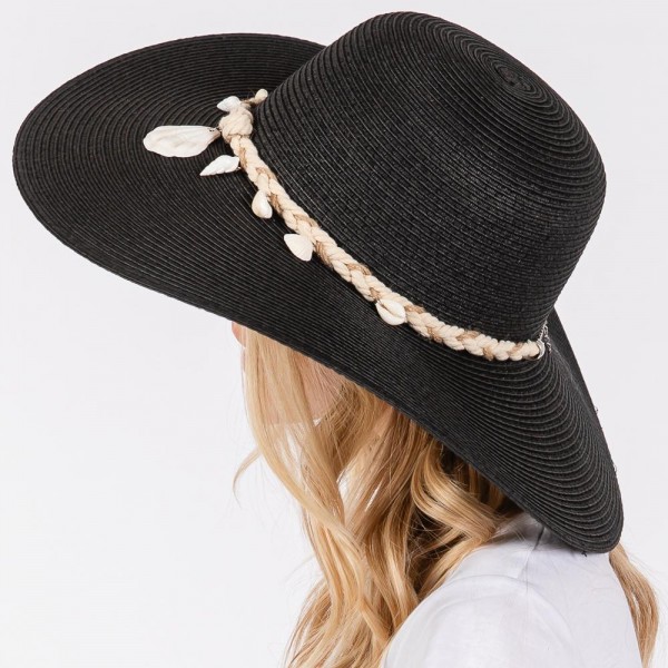 Wide Brim Sun Hat With Braided Band With Shells - One Size Fits Most - Adjustable Drawstring - 100% Paper Straw view 5