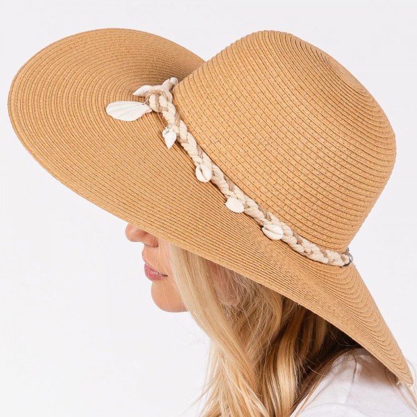 Wide Brim Sun Hat With Braided Band With Shells - One Size Fits Most - Adjustable Drawstring - 100% Paper Straw view 5