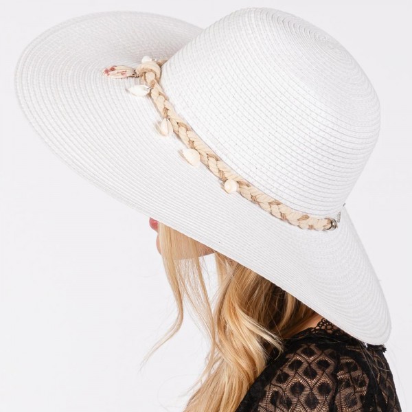 Wide Brim Sun Hat With Braided Band With Shells - One Size Fits Most - Adjustable Drawstring - 100% Paper Straw view 5