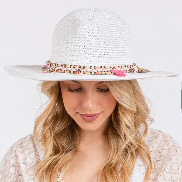 Wholesale brim Sun Hat Multi Colored Bands Shells Fringe Detail One Fits Most A