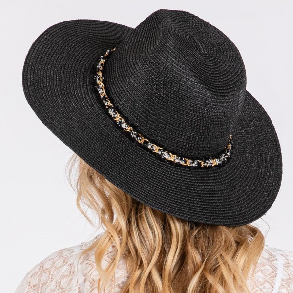 Wide Brim Sun Hat With Chain Link With Mixed Frayed Fabric Band - One Size Fits Most -Adjustable Drawstring - 100% Paper Straw view 5