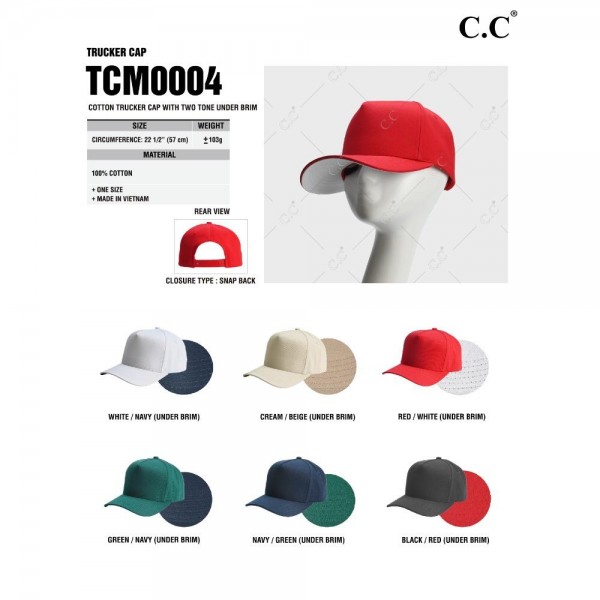 C.C TCM0004
Cotton Trucker Cap With Two Tone Under Brim
- Snap Back Closure
- One Size Fits Most
- 100% Cotton